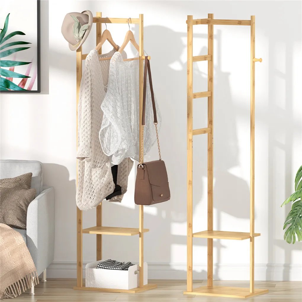 Bamboo Garment Rack, Clothing Rack with 2 Tier Storage Shelves, Wooden Garment Rack, Clothes Hanging Rack, Cloest Organizer