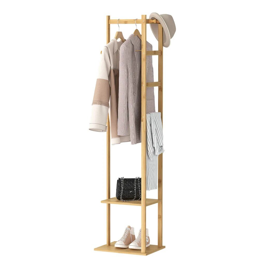 Bamboo Garment Rack, Clothing Rack with 2 Tier Storage Shelves, Wooden Garment Rack, Clothes Hanging Rack, Cloest Organizer