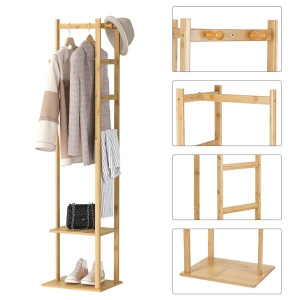 Bamboo Garment Rack with 2 Tier Storage Shelves - Image 3