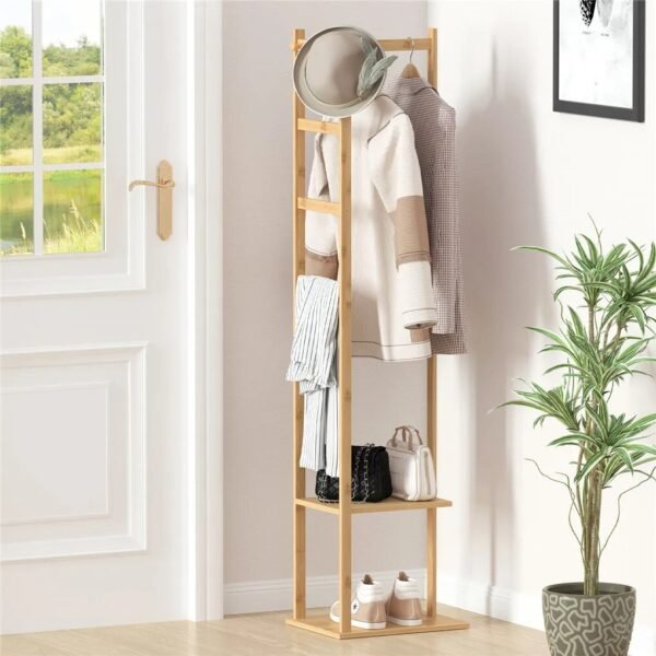 Bamboo Garment Rack with 2 Tier Storage Shelves - Image 5