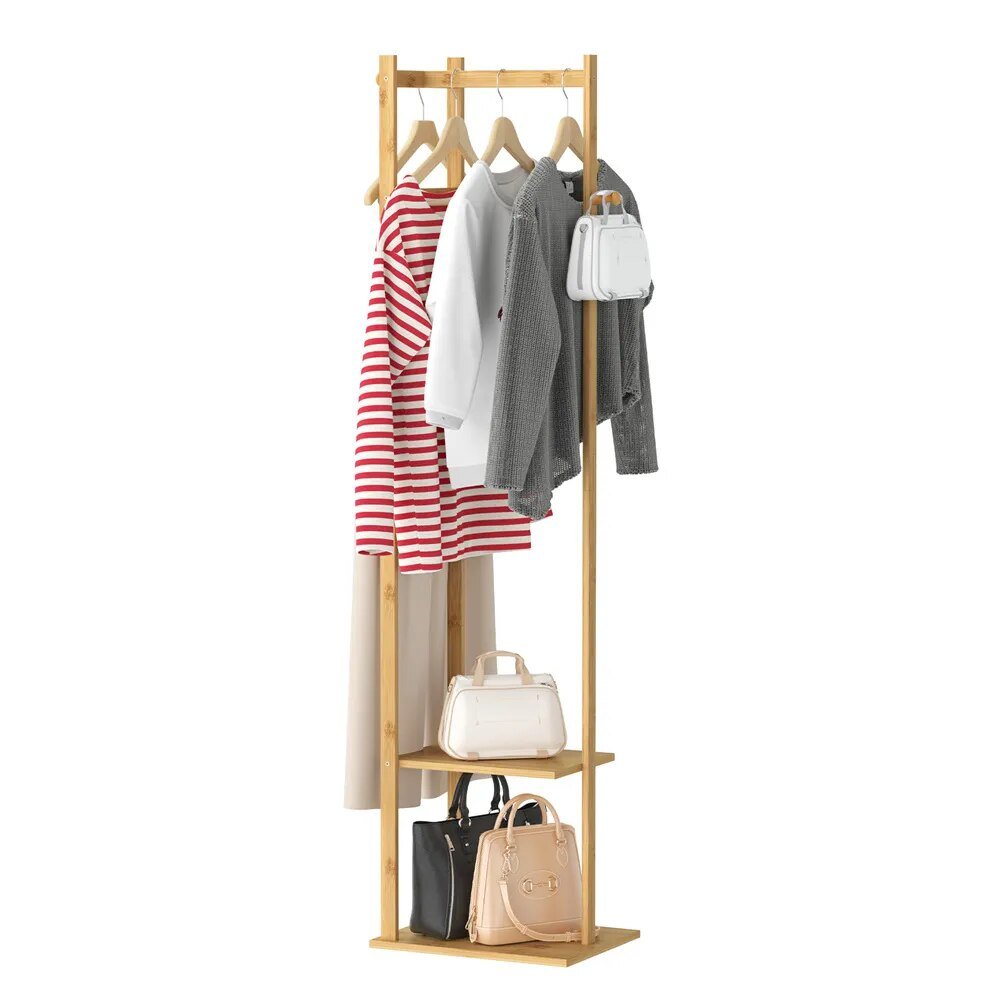 Coat Tree Solid Bamboo Freestanding Coat Rack with Storage Garments Corner Stand with Hooks for Home Bedroom