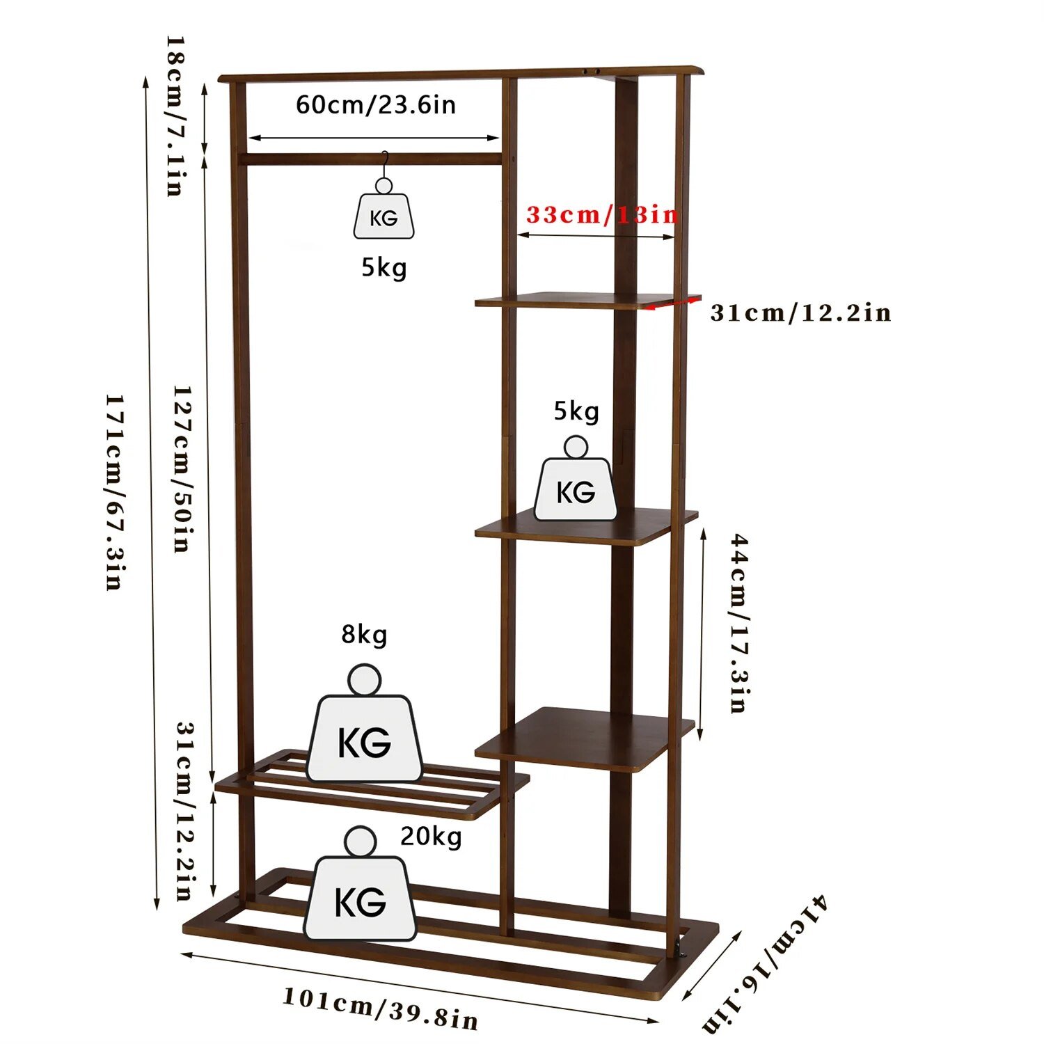 3-in-1 Bamboo Hall Tree, Clothes Rack with Shelves & Shoe Bench, Heavy Duty Clothes Organizer with hanging Rod