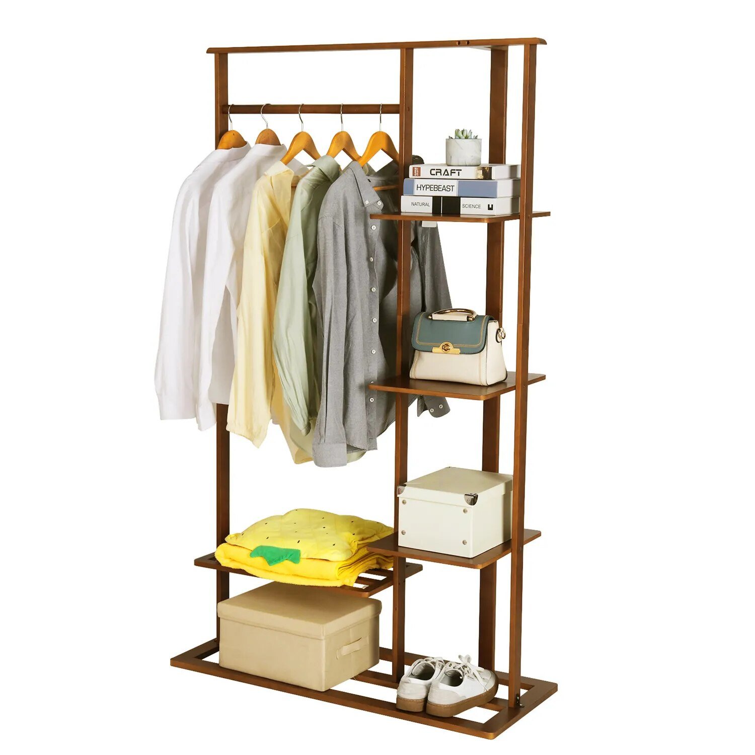 3-in-1 Bamboo Hall Tree, Clothes Rack with Shelves & Shoe Bench, Heavy Duty Clothes Organizer with hanging Rod