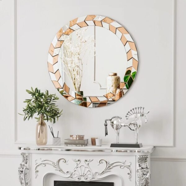 24" Decorative Round Wall Mirror with Silver Accents and Beveled Edges