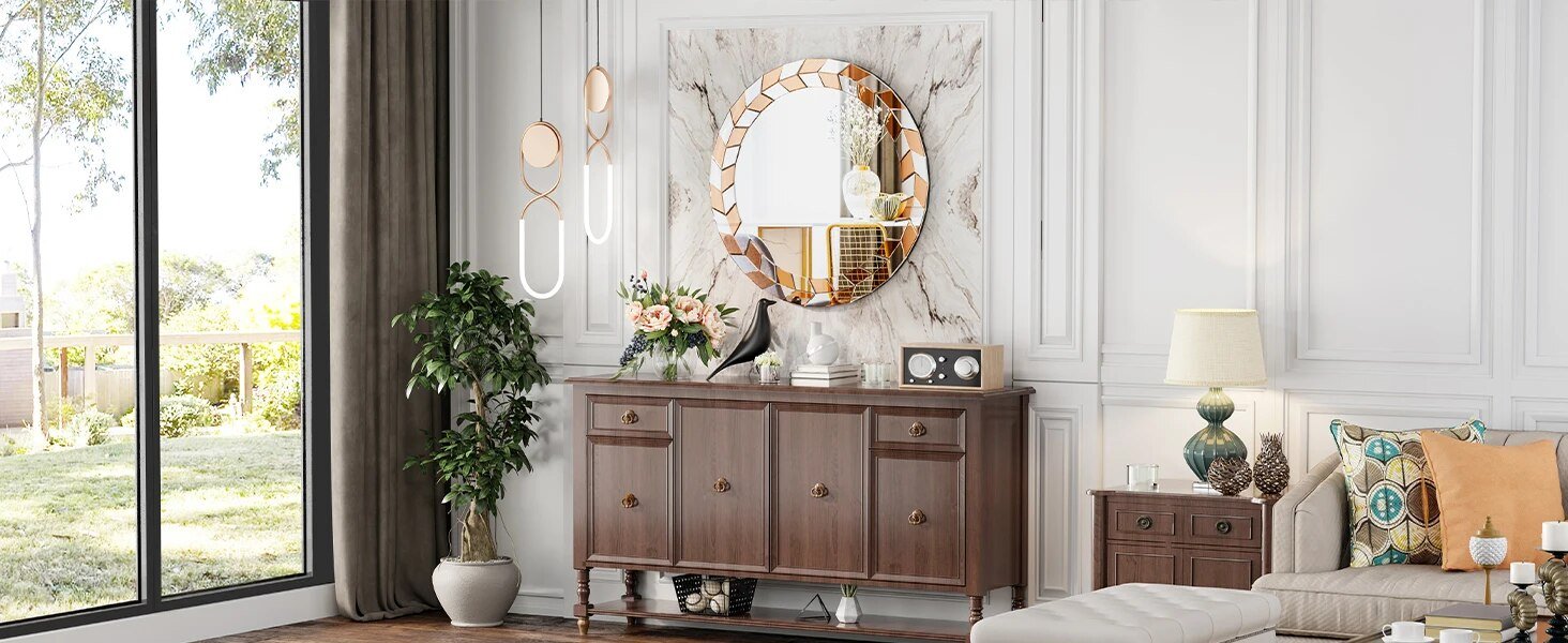 24 inch Round Wall Mirror: Large Decorative Silver Vanity with Beveled Glass Olive Leaves Frame Edge Home Modern Mirror