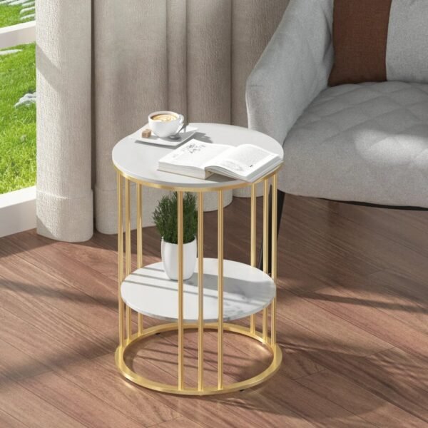 Nordic-Style 2 Tier Round Marble End Table with Gold Accents - Image 4