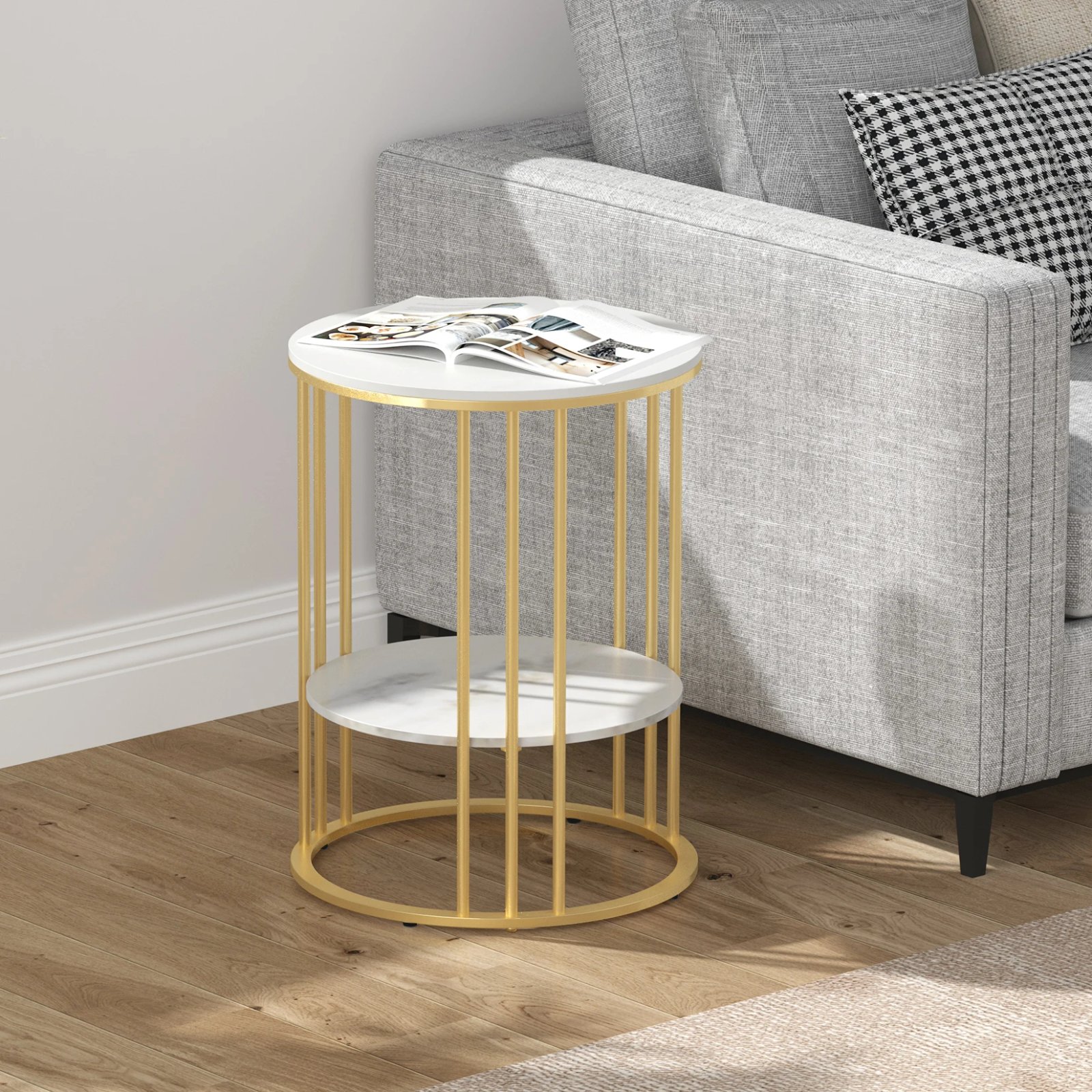 Round Marble Accent Table End 2 Tiers Storage Table Gold Metal Frame Nightstand for Living Room, Bedroom