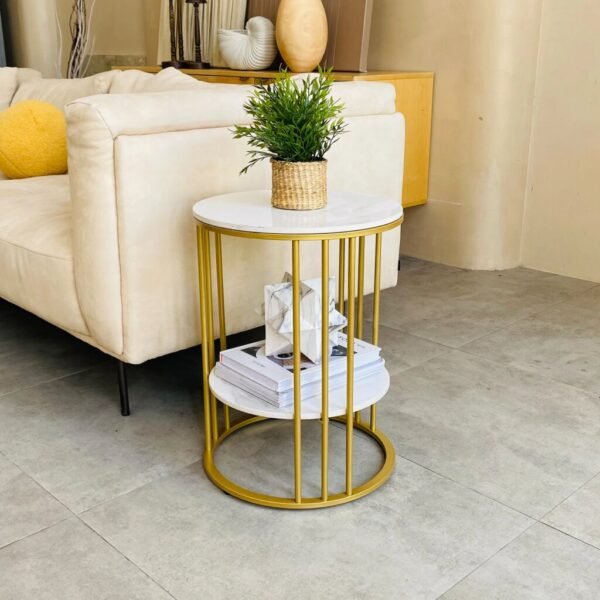 Nordic-Style 2 Tier Round Marble End Table with Gold Accents - Image 2