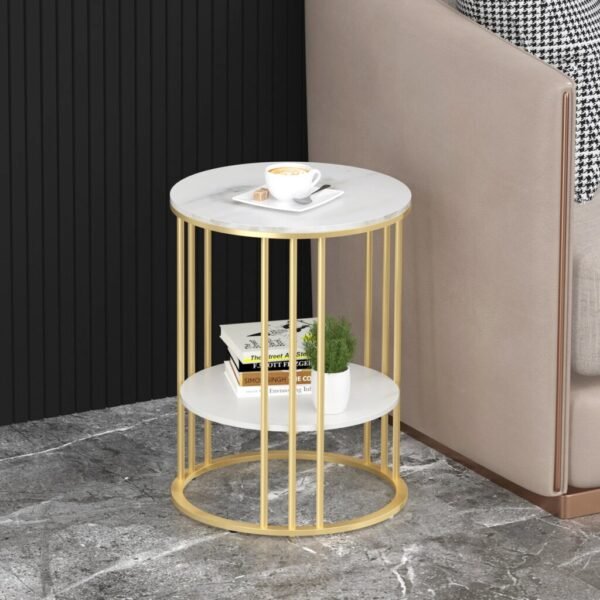 Nordic-Style 2 Tier Round Marble End Table with Gold Accents - Image 3