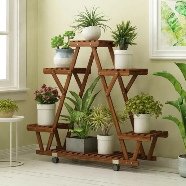 Mobile Triangular 6 Shelf Carbonized Wood Plant Holder and Flower Pot Display Rack