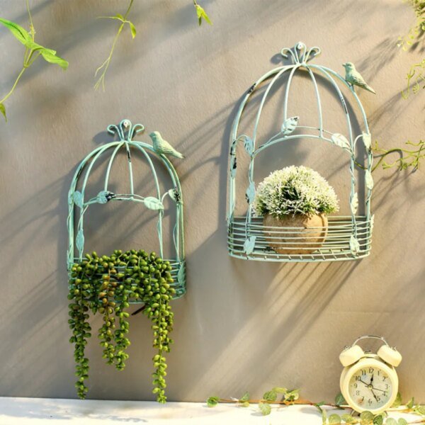 Vintage Wall Hanging Metal Bird Cage style Flower Pot Display