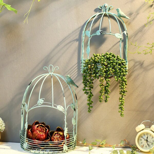 Vintage Wall Hanging Metal Bird Cage style Flower Pot Display - Image 2