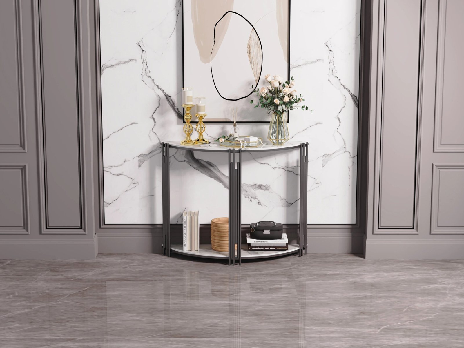 Half Moon Tiered Real Marble Console and Entryway Table