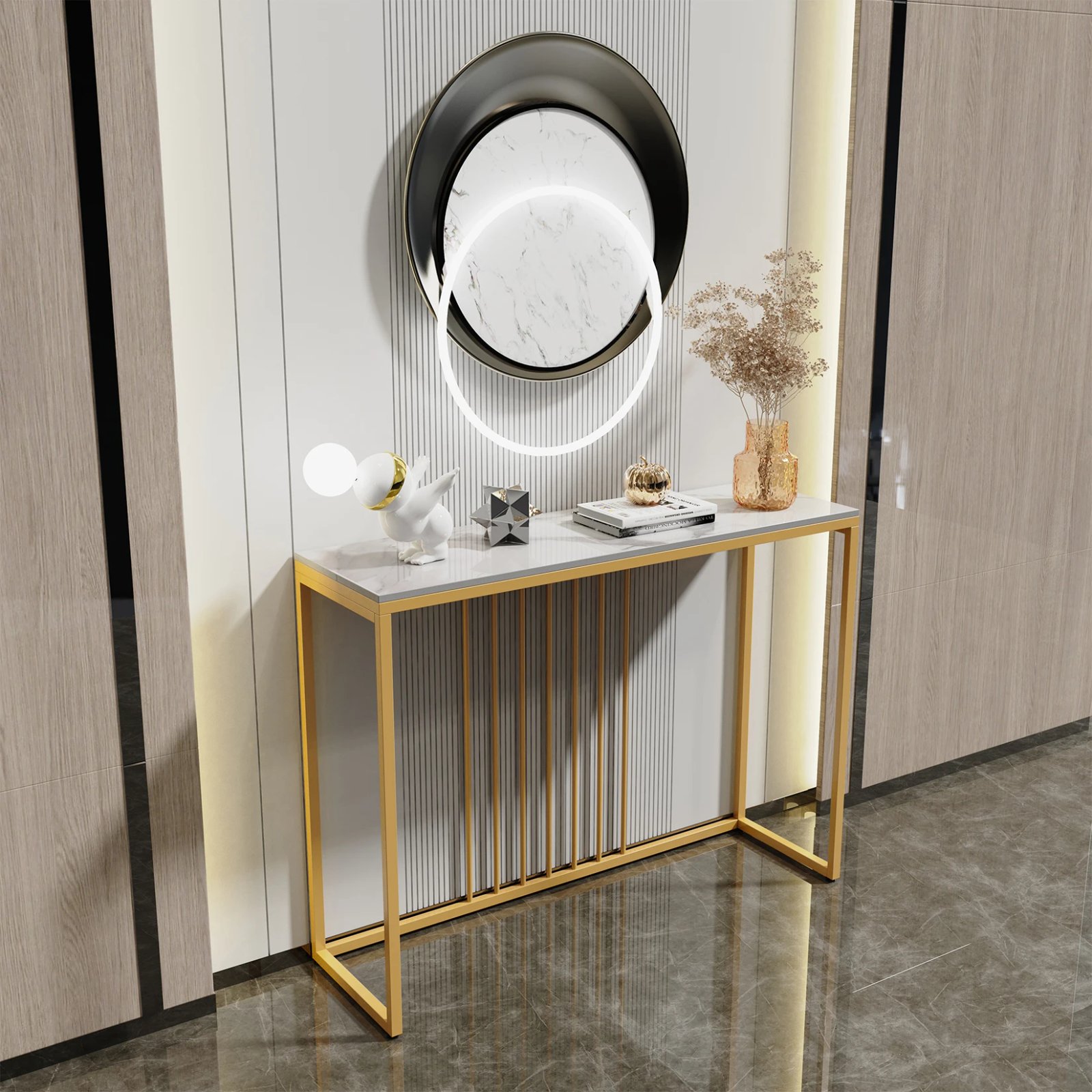 Modern Accent Console Marble Table Gold Metal Frame Storage Display Shelf Narrow Table for Hallway Entryway Living Room Entrance