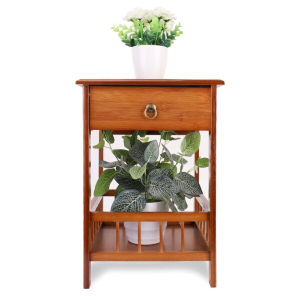 Bamboo Bedside Table with Drawer and Storage Shelving Unit - Image 3