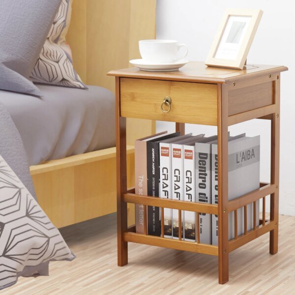 Bamboo Bedside Table with Drawer and Storage Shelving Unit - Image 6