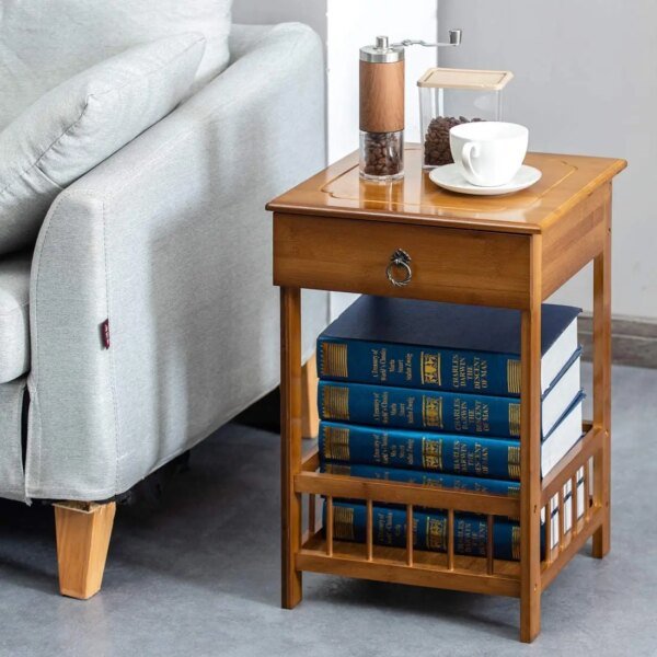 Bamboo Bedside Table with Drawer and Storage Shelving Unit - Image 2