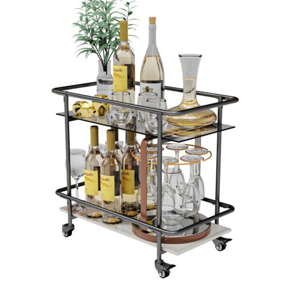 2-Tier Luxury Serving Cart and Rolling Bar with Lockable Wheels, Metal Frame and Tempered Glass - Image 5