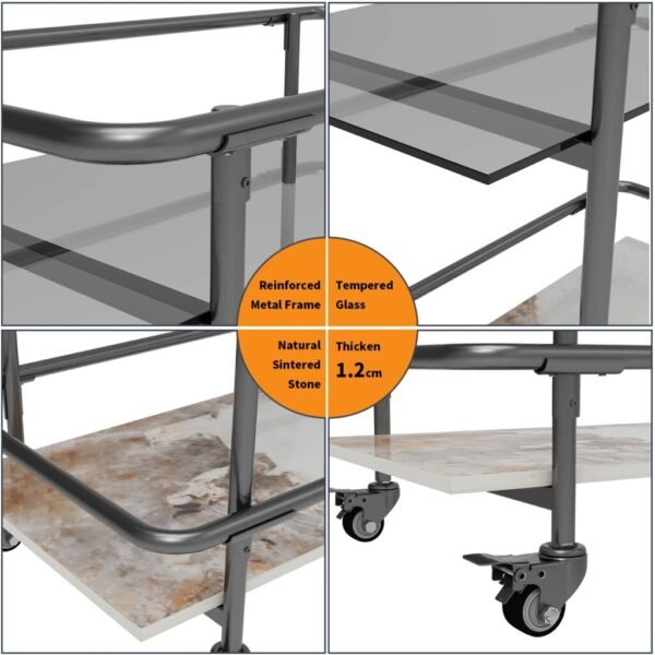 2-Tier Luxury Serving Cart and Rolling Bar with Lockable Wheels, Metal Frame and Tempered Glass - Image 4