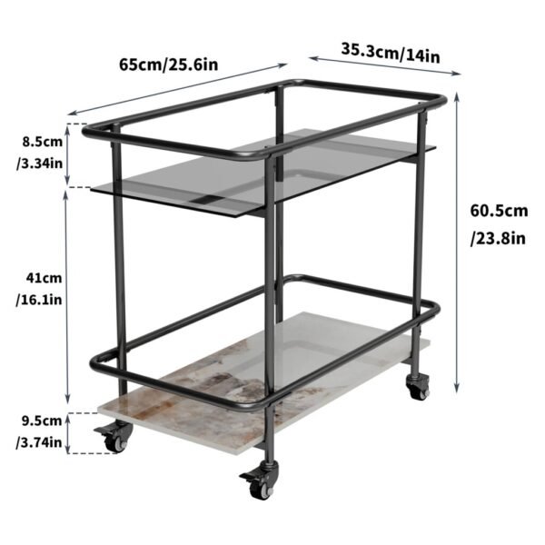 2-Tier Luxury Serving Cart and Rolling Bar with Lockable Wheels, Metal Frame and Tempered Glass - Image 6