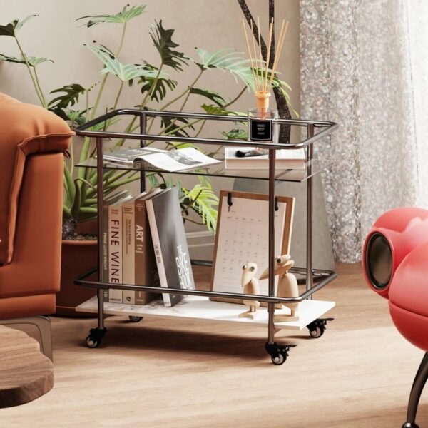 2-Tier Luxury Serving Cart and Rolling Bar with Lockable Wheels, Metal Frame and Tempered Glass - Image 2