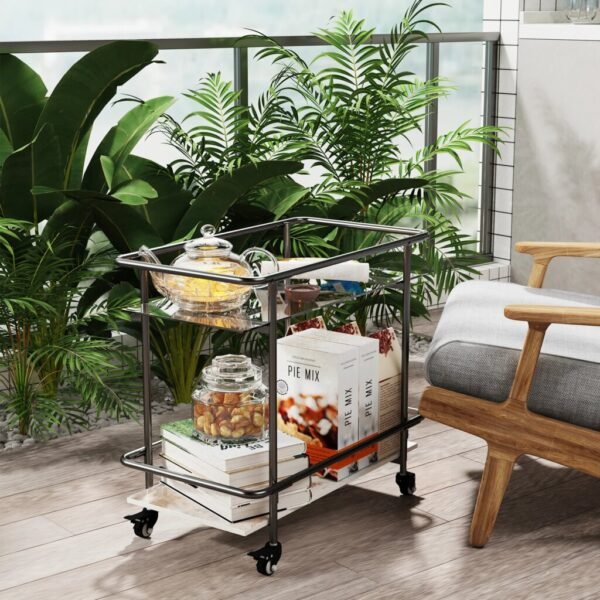 2-Tier Luxury Serving Cart and Rolling Bar with Lockable Wheels, Metal Frame and Tempered Glass - Image 3