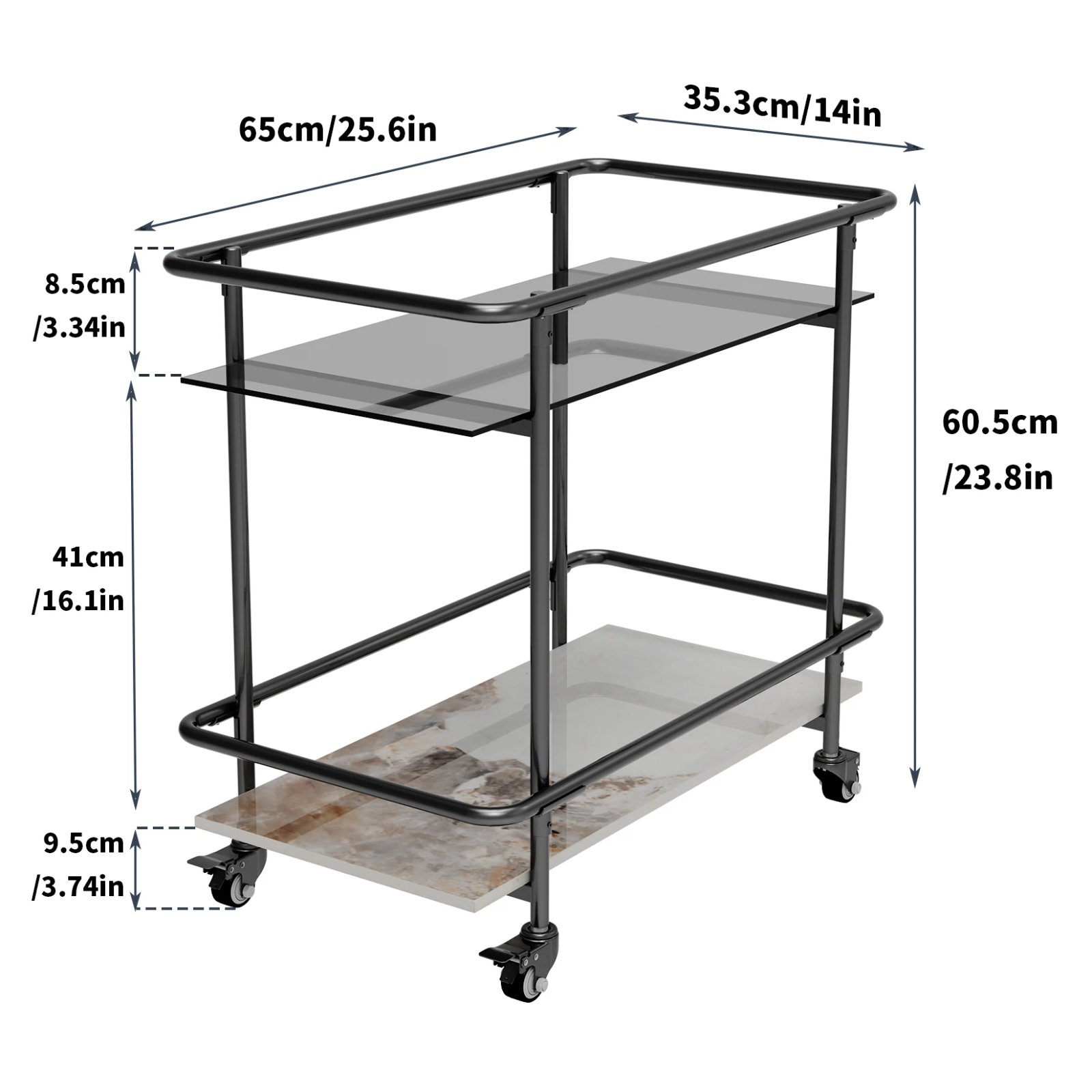 Rolling Bar Cart 2-Tier Luxury Modern Serving Cart on Lockable Wheels, Mobile Home Coffee Station Metal Frame Tempered Glass