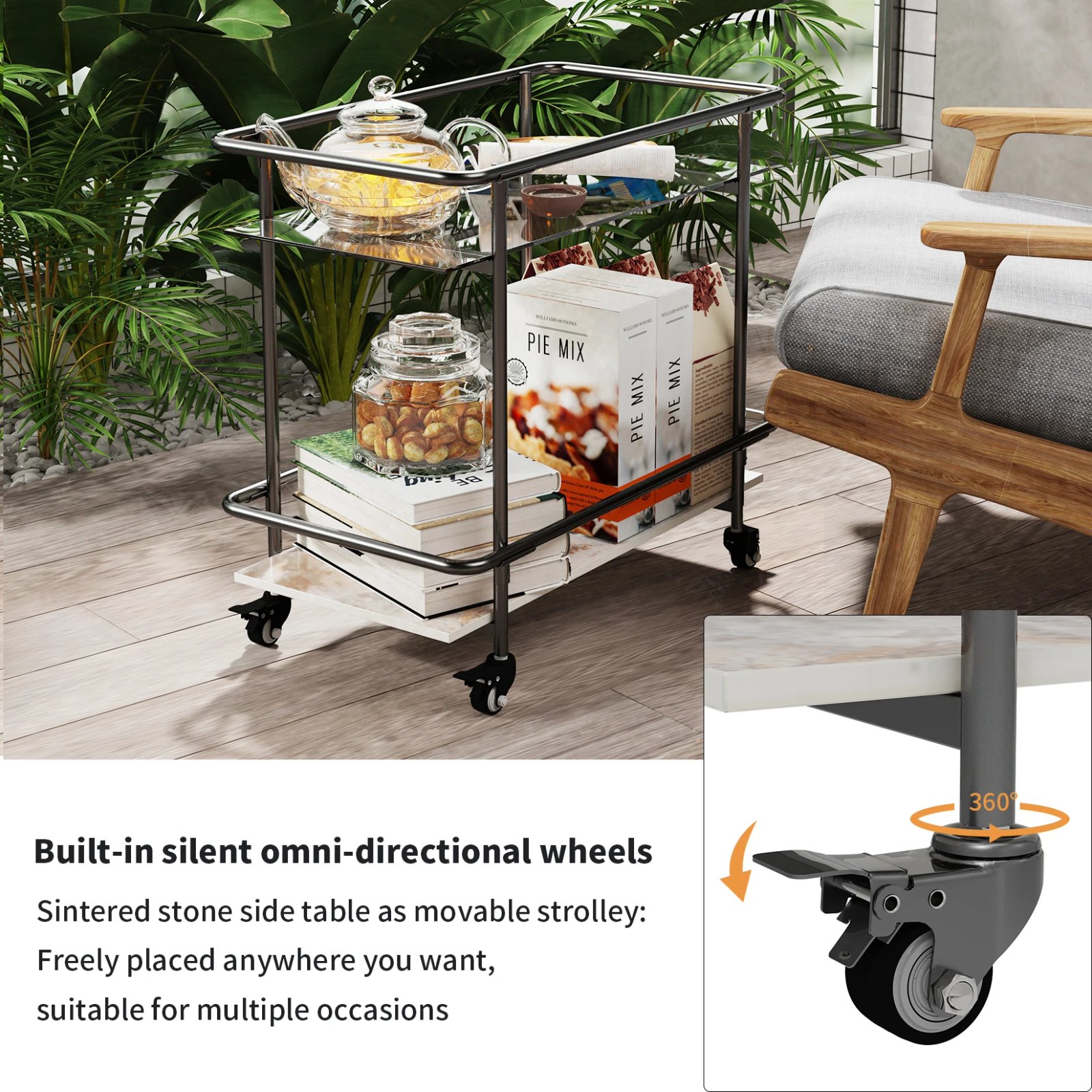 Rolling Bar Cart 2-Tier Luxury Modern Serving Cart on Lockable Wheels, Mobile Home Coffee Station Metal Frame Tempered Glass