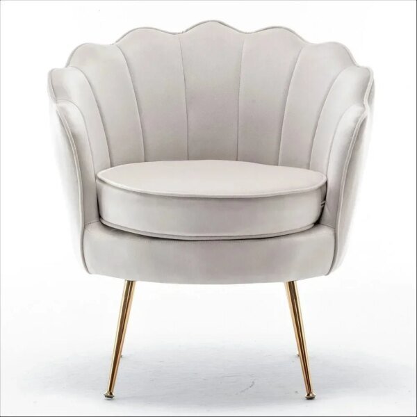 Wide Velvet Barrel and Accent Chair With Gold Metal Legs - Ivory - Image 2