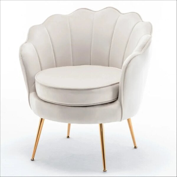 Wide Velvet Barrel and Accent Chair With Gold Metal Legs - Ivory - Image 3