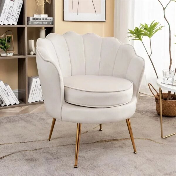 Wide Velvet Barrel and Accent Chair With Gold Metal Legs - Ivory