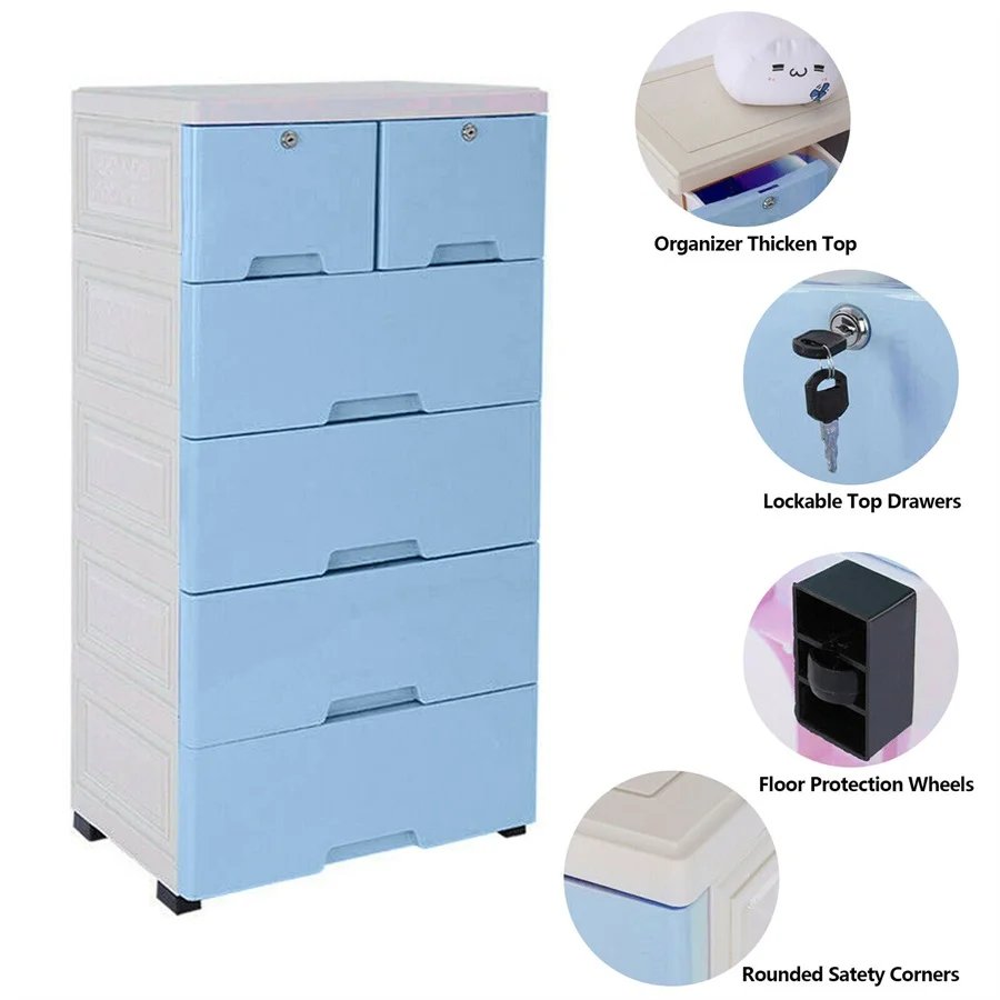 6 Drawer Plastic Dresser With Wheels Storage Cabinet Pink & Blue Tower Closet Organizer Unit for Home Office Bedroom Living Room