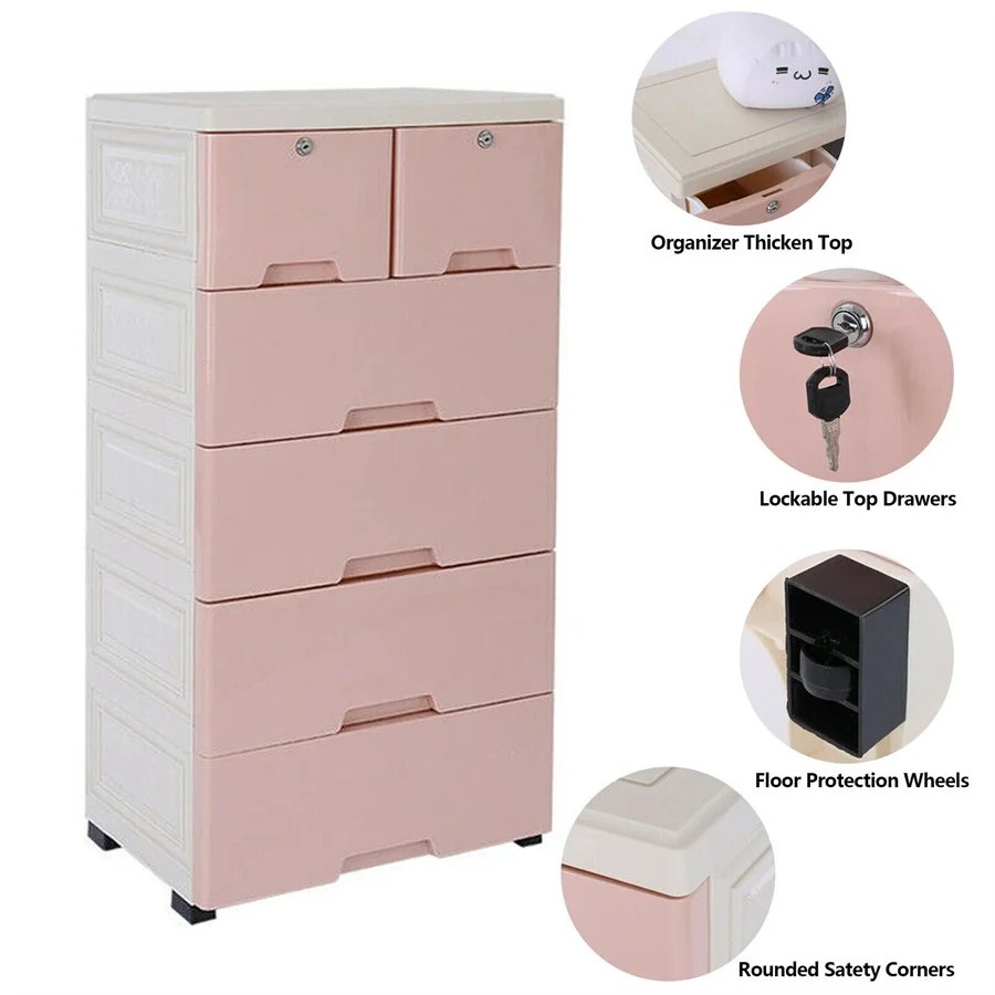 6 Drawer Plastic Dresser With Wheels Storage Cabinet Pink & Blue Tower Closet Organizer Unit for Home Office Bedroom Living Room