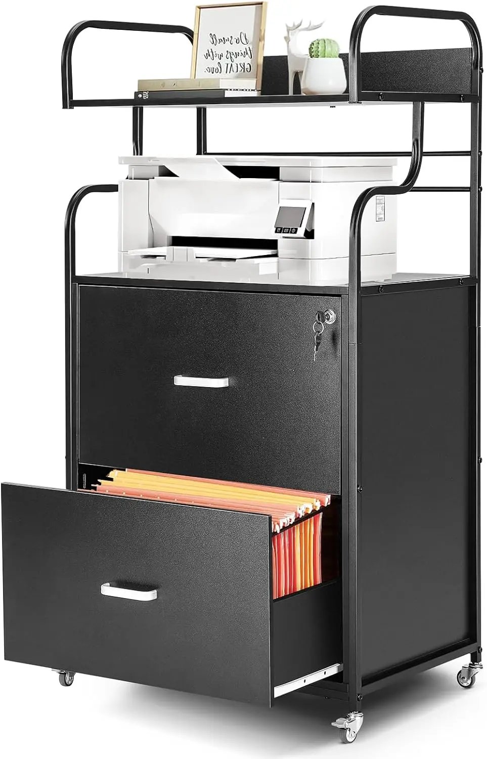 Vertical File Cabinet, 2 Drawer Mobile Filing Cabinet with 3 Bookshelf, Printer Stand with Open Storage Shelves Fits A4/Letter