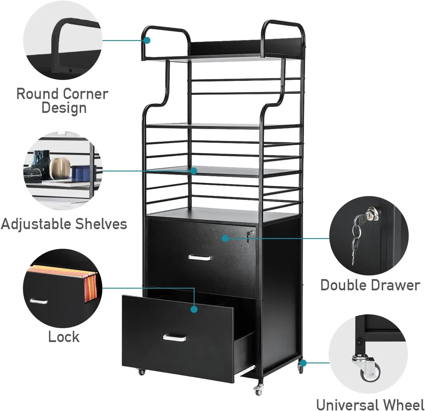 Vertical File Cabinet, 2 Drawer Mobile Filing Cabinet with 3 Bookshelf, Printer Stand with Open Storage Shelves Fits A4/Letter