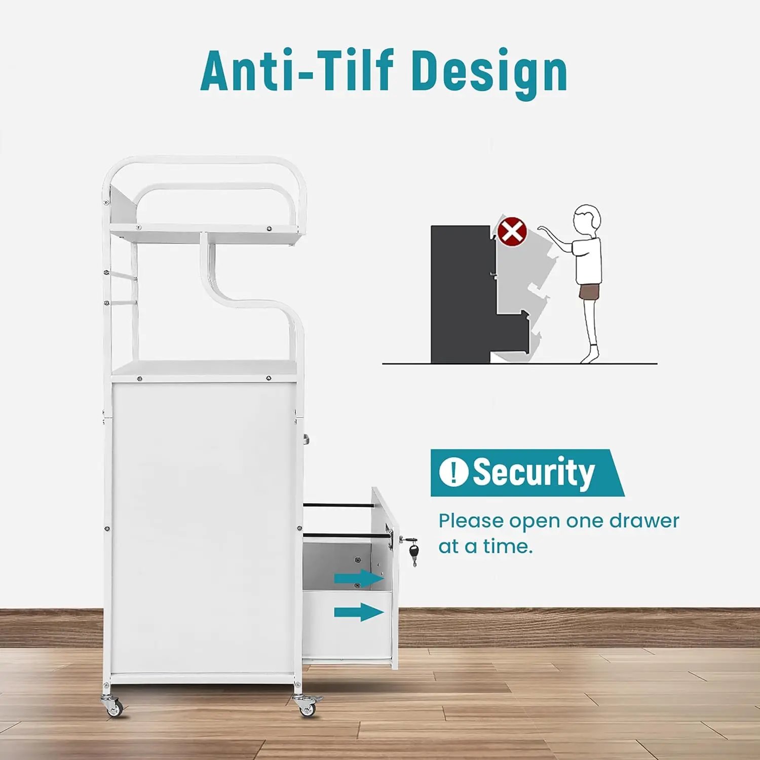 Vertical File Cabinet, 2 Drawer Mobile Filing Cabinet with 3 Bookshelf, Printer Stand with Open Storage Shelves Fits A4/Letter