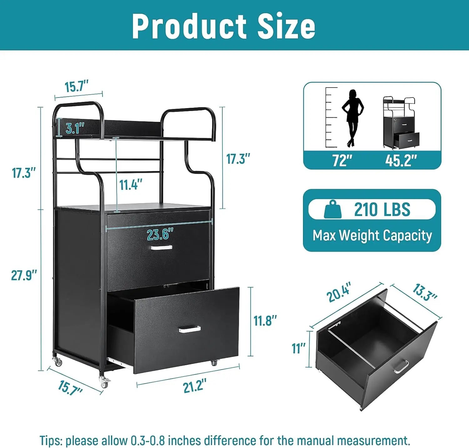 Vertical File Cabinet, 2 Drawer Mobile Filing Cabinet with 3 Bookshelf, Printer Stand with Open Storage Shelves Fits A4/Letter