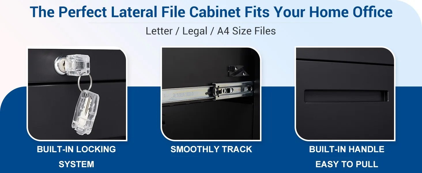 Lateral File Cabinet with Lock, 2 Drawer Large Metal Filing Cabinet,Home Office Lockable Storage Cabinet for Files Legal/A4 Size