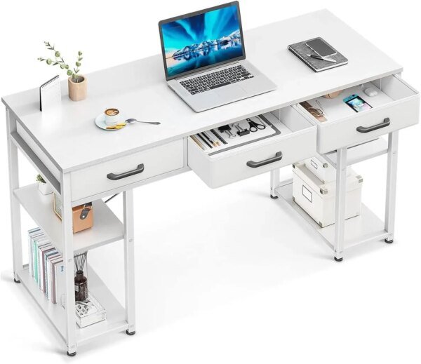 Modern Computer and Writing Desk with Fabric Drawers and Storage Shelves