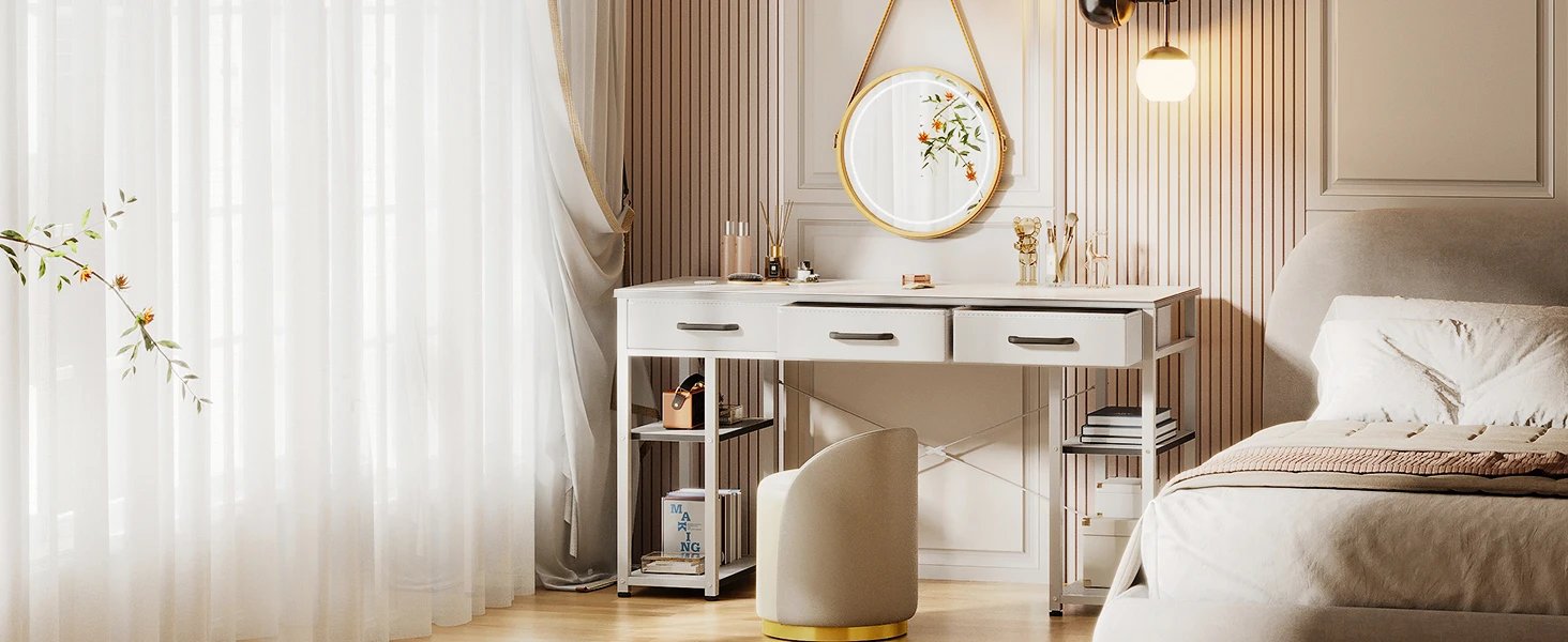 Furniture suppliesODK Office Small Computer Desk: Home Table with Fabric Drawers & Storage Shelves, Modern Writing Desk, White,