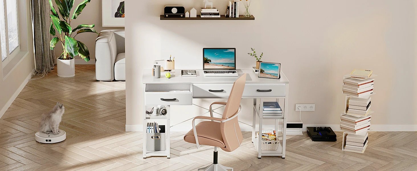 Furniture suppliesODK Office Small Computer Desk: Home Table with Fabric Drawers & Storage Shelves, Modern Writing Desk, White,