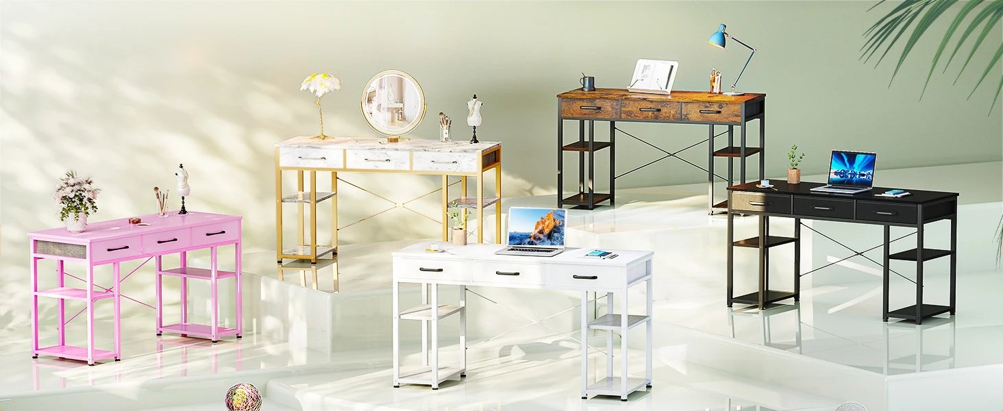 Furniture suppliesODK Office Small Computer Desk: Home Table with Fabric Drawers & Storage Shelves, Modern Writing Desk, White,