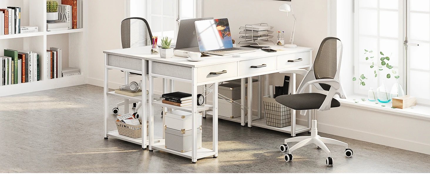 Furniture suppliesODK Office Small Computer Desk: Home Table with Fabric Drawers & Storage Shelves, Modern Writing Desk, White,