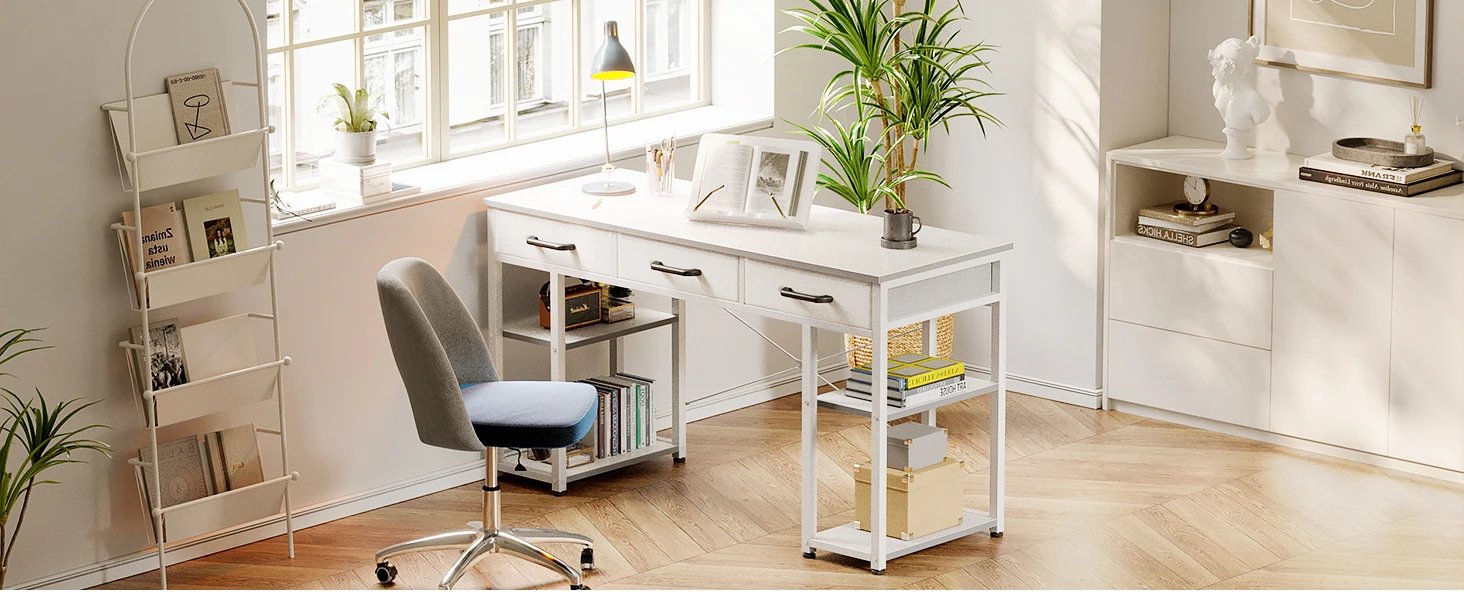 Furniture suppliesODK Office Small Computer Desk: Home Table with Fabric Drawers & Storage Shelves, Modern Writing Desk, White,