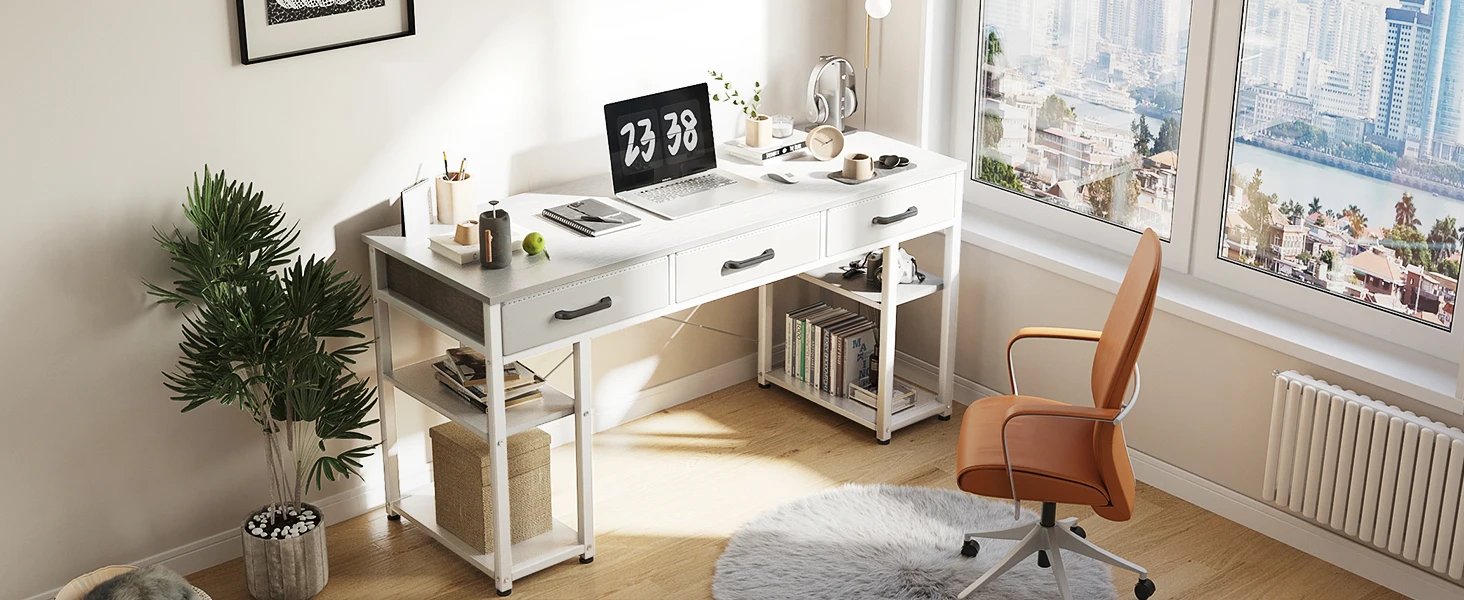 Furniture suppliesODK Office Small Computer Desk: Home Table with Fabric Drawers & Storage Shelves, Modern Writing Desk, White,