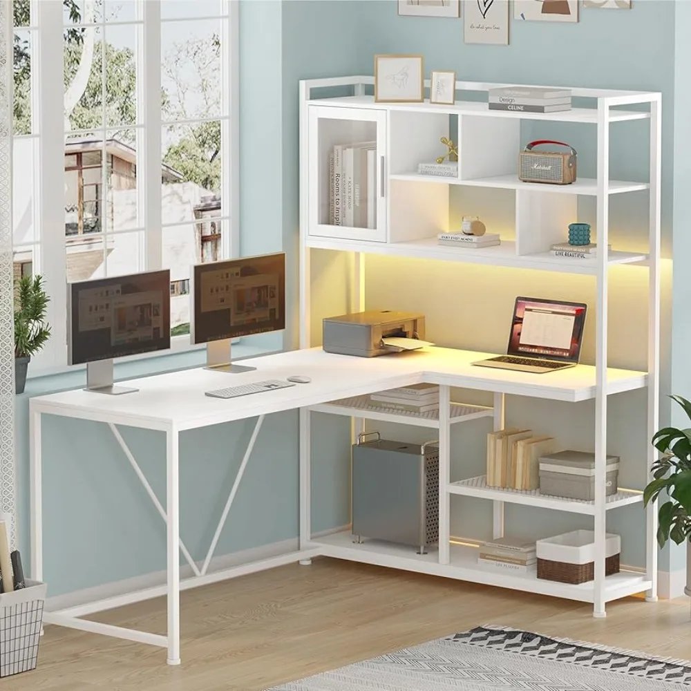 L Shaped Computer Desk, 58'' Office Desk with LED Light and Bookshelf, L Shaped with Storage Shelves for Home Office Desk