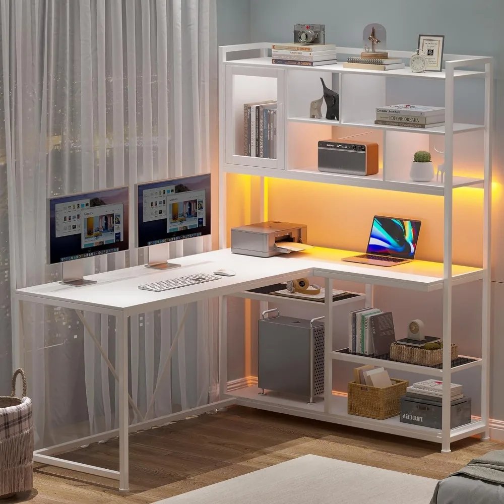 L Shaped Computer Desk, 58'' Office Desk with LED Light and Bookshelf, L Shaped with Storage Shelves for Home Office Desk