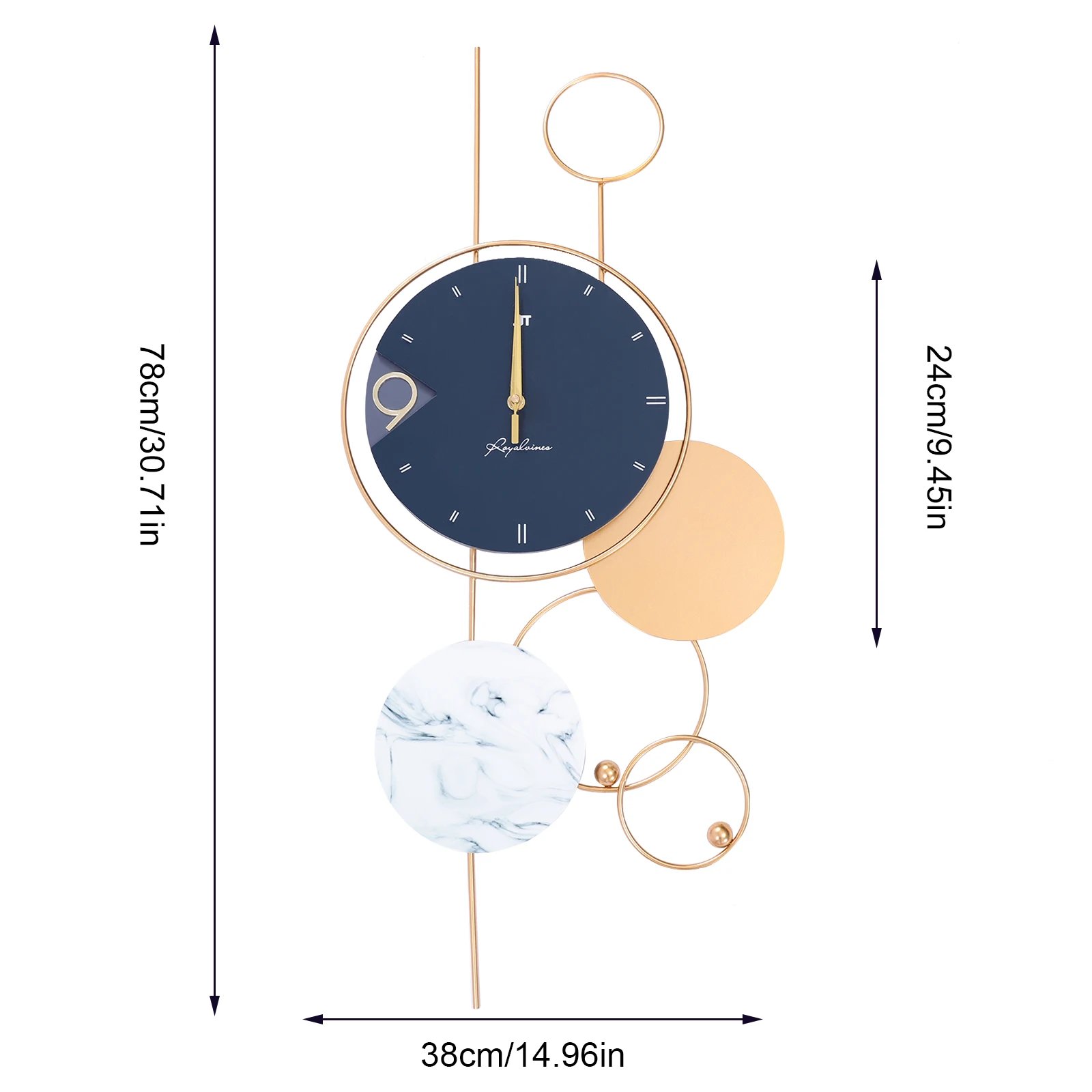 Metal Chic Non-Ticking Decorative Wall Clock with Gold Accents